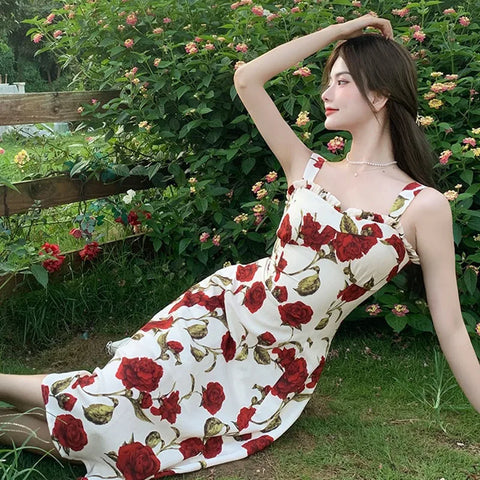 Elegant Floral Print Mid-Length Sleeveless Dress - Korean Style