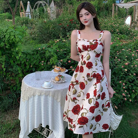 Elegant Floral Print Mid-Length Sleeveless Dress - Korean Style