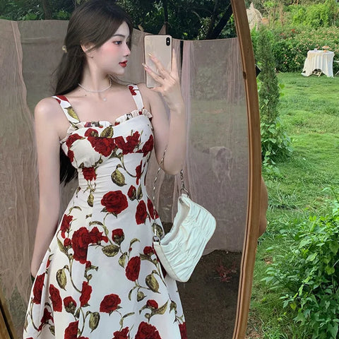 Elegant Floral Print Mid-Length Sleeveless Dress - Korean Style
