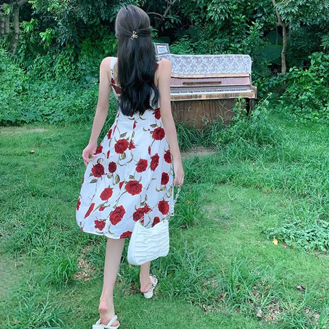 Elegant Floral Print Mid-Length Sleeveless Dress - Korean Style