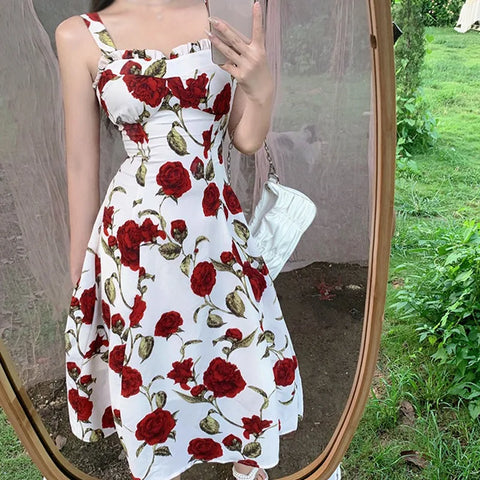 Elegant Floral Print Mid-Length Sleeveless Dress - Korean Style